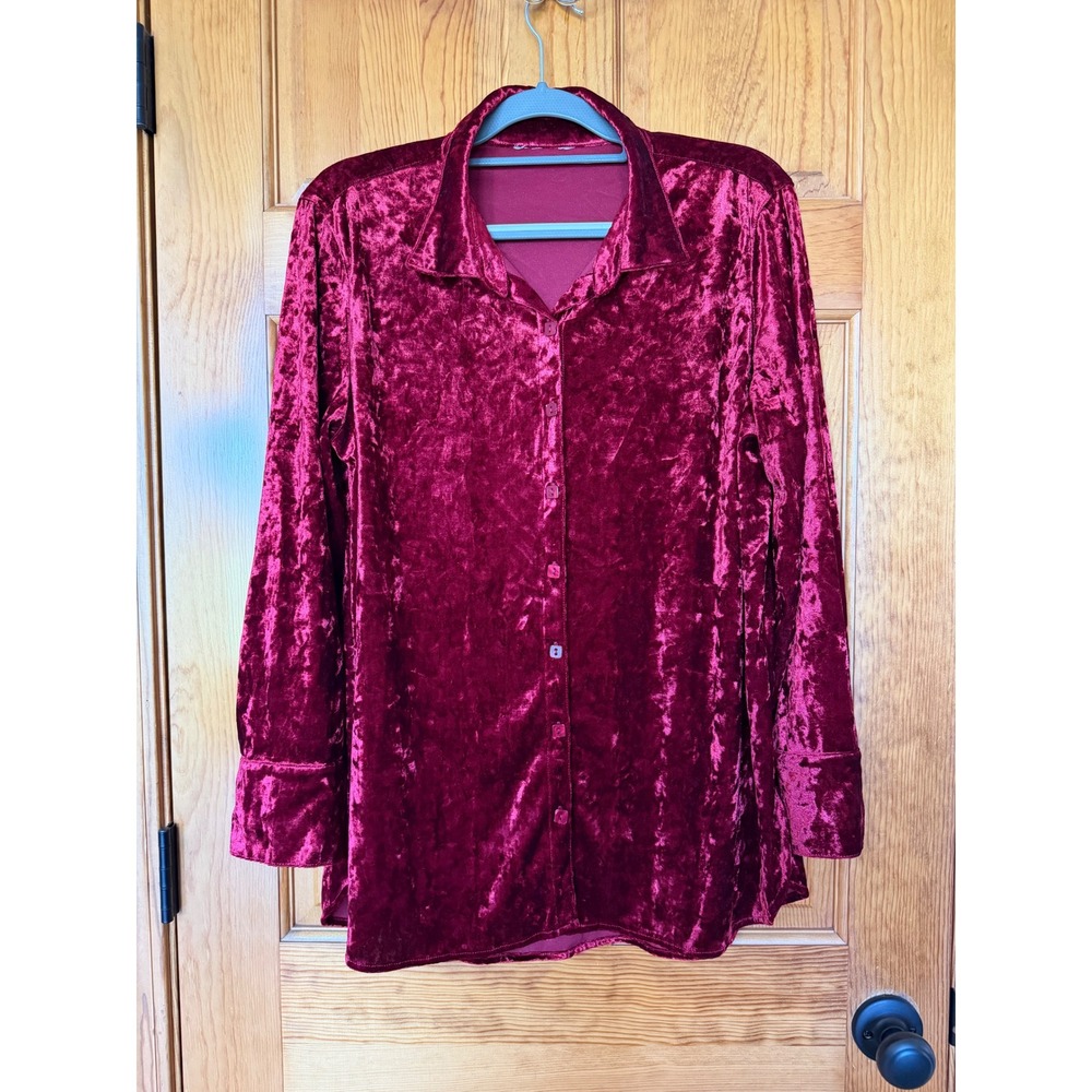 Burgundy Crushed Velvet Button Down Shirt Long Sleeve Blouse Wine Red L